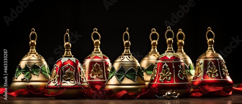 Joyful jingle bells. A cheerful, detailed image of jingle bell ornaments in traditional Christmas colors. Merry christmas card. 