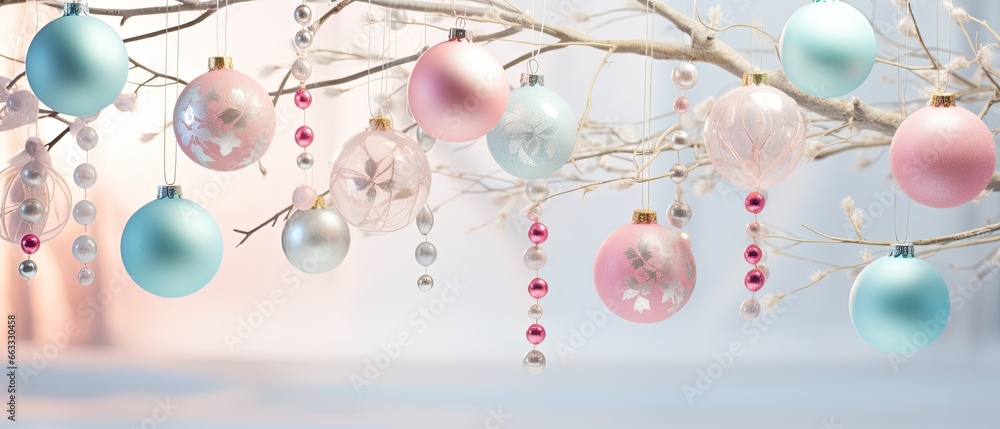 Christmas whimsical pastel dreams. A soft, dreamy close-up of christmas-tree branches with pastel-colored ornaments and ribbons. - obrazy, fototapety, plakaty 