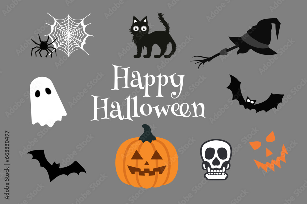 Happy Halloween Vector, Halloween pumpkin, bat, spider web, skeleton, ghost, witch broom and witch hat. Halloween 2023 decorative elements.
