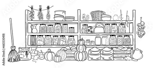 Pantry, cellar with food preserves on shelves on white background. Vector interior of storeroom with vegetables and fruit, bags, glass jars on shelves in the cellar. linear style. Coloring.  