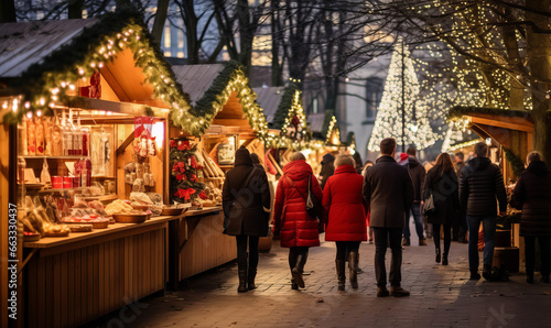 People enjoying a traditional Christmas market with wooden stalls and glowing lights