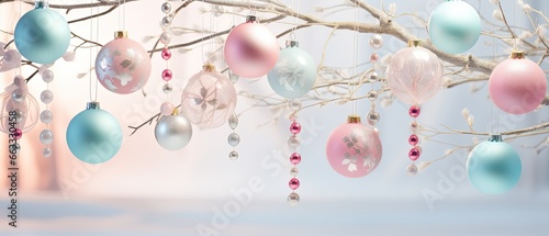 Christmas whimsical pastel dreams. A soft, dreamy close-up of christmas-tree branches with pastel-colored ornaments and ribbons.