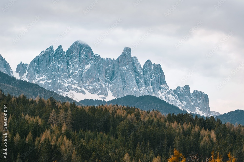 Dolomites mountains. Sunrise in the Italian Alps. Nature park hiking. The beauty of nature in Europe.