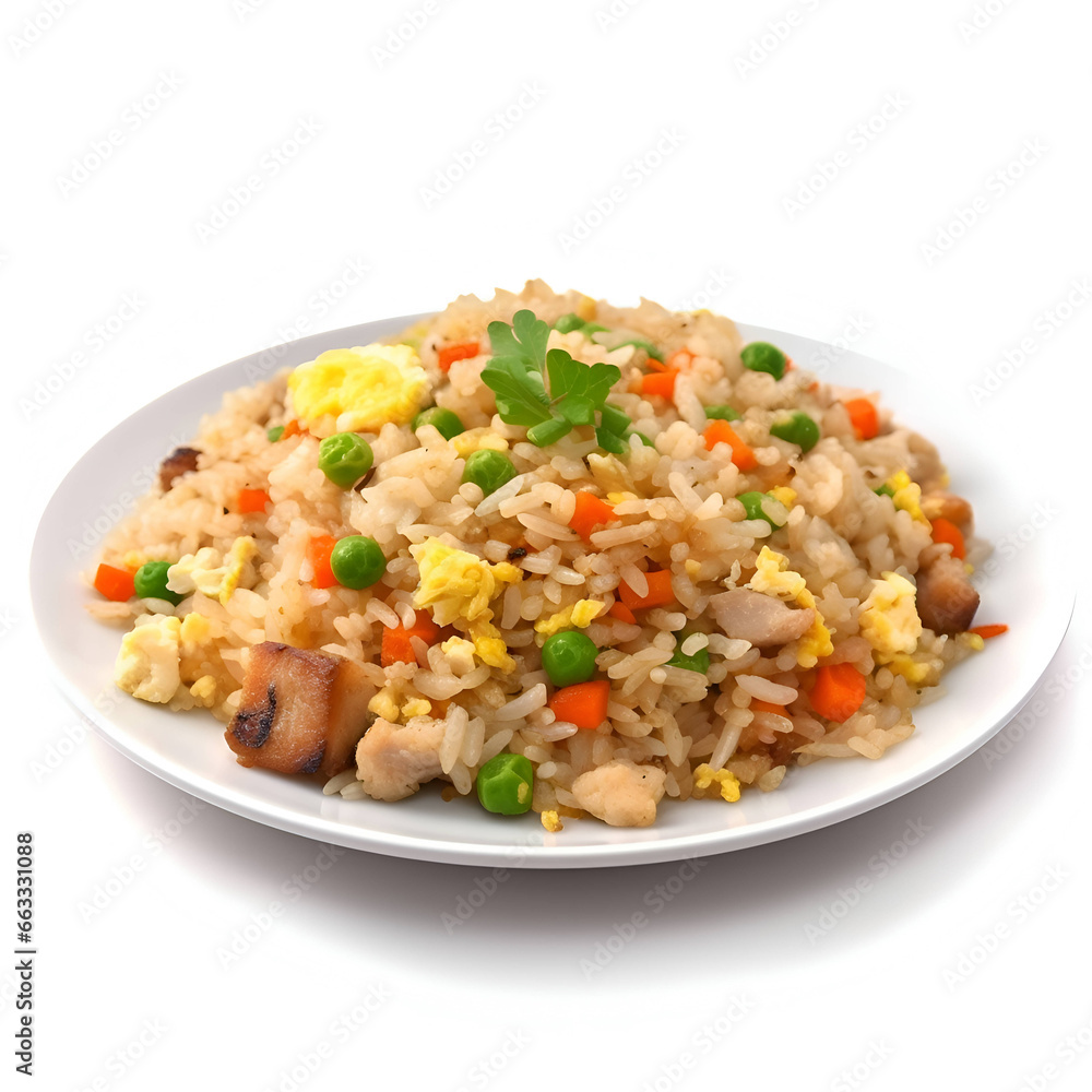Fried rice with chicken and vegetables on a plate isolated on white background Fried rice with chicken and vegetables on a plate isolated on white background