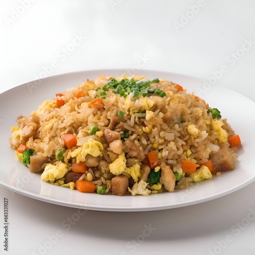 Fried rice with chicken and vegetables on a white plate on a white background