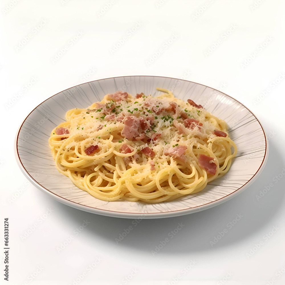 Spaghetti Carbonara with bacon and cheese on a white background.