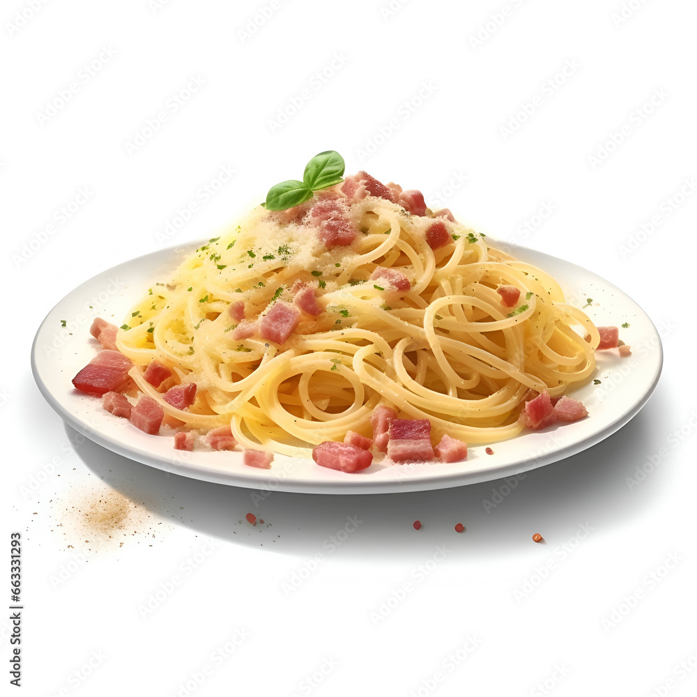 Spaghetti Carbonara with bacon and parmesan on white background Spaghetti Carbonara with bacon and parmesan on white background