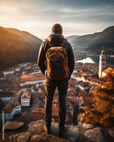 casual solo traveller male man standing on the hill look over aerial topview of old famous attraction city travel concept carefree leisure freedom concept
