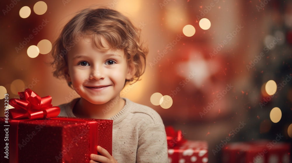 child with a gift for the New Year, New Year's interior, Christmas atmosphere. Generative AI child with a gift for the New Year, New Year's interior, Christmas atmosphere. Generative AI