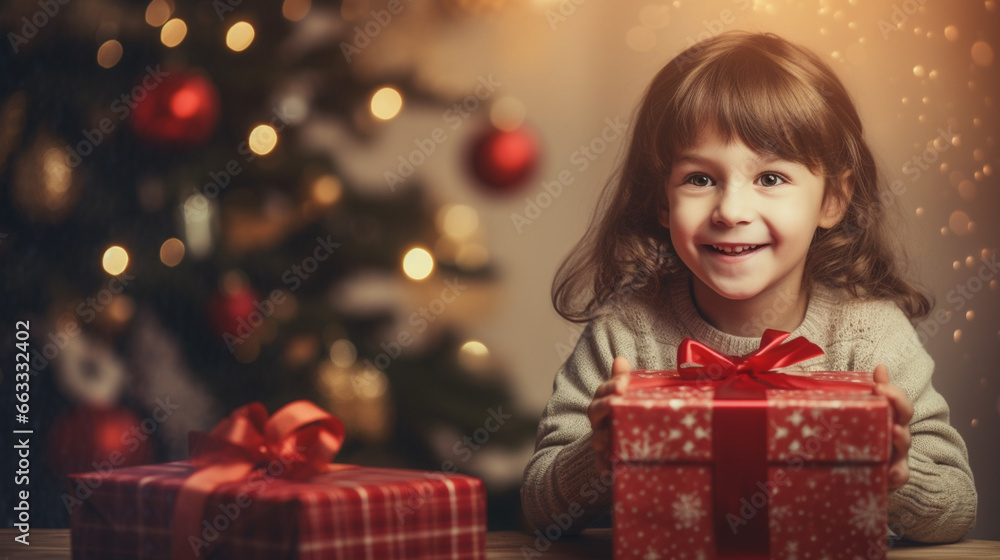 child with a gift for the New Year, New Year's interior, Christmas atmosphere. Generative AI child with a gift for the New Year, New Year's interior, Christmas atmosphere. Generative AI