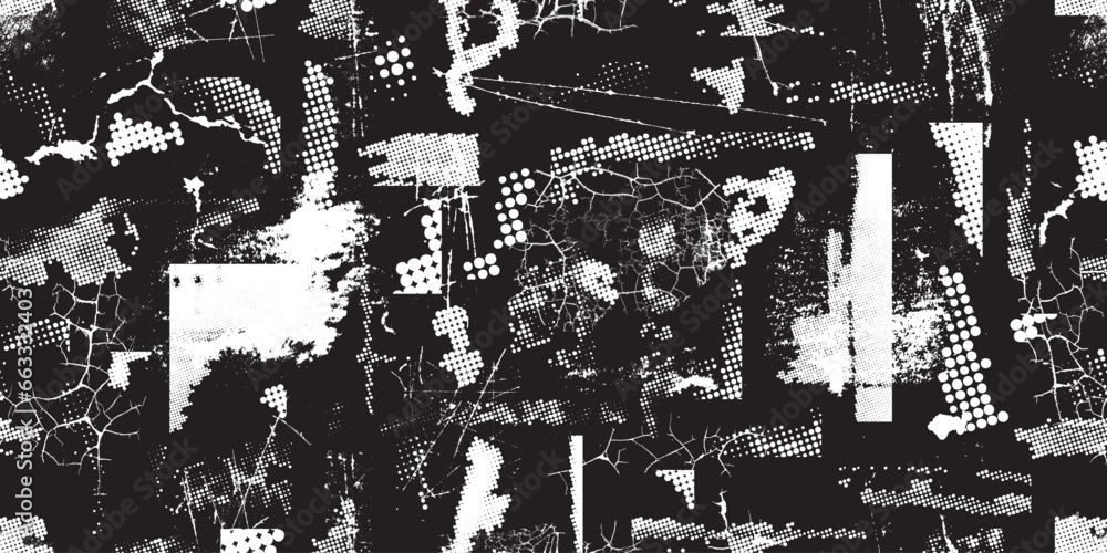 Glitch distorted grungy abstract forms . Halftone dots seamless pattern texture. Grange shapes .Grunge textured . Vector shapes with half tone dots .Screen print endless pattern texture Glitch distorted grungy abstract forms . Halftone dots seamless pattern texture. Grange shapes .Grunge textured . Vector shapes with half tone dots .Screen print endless pattern texture