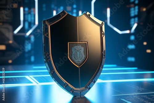 3D defense shield on a backdrop of advanced technology design