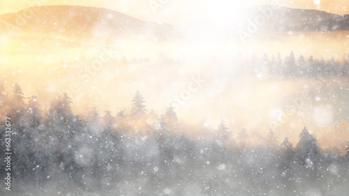 winter background, landscape in snowfall, trees in the forest nature view in cold weather, white abstract seasonal nature background january calendar