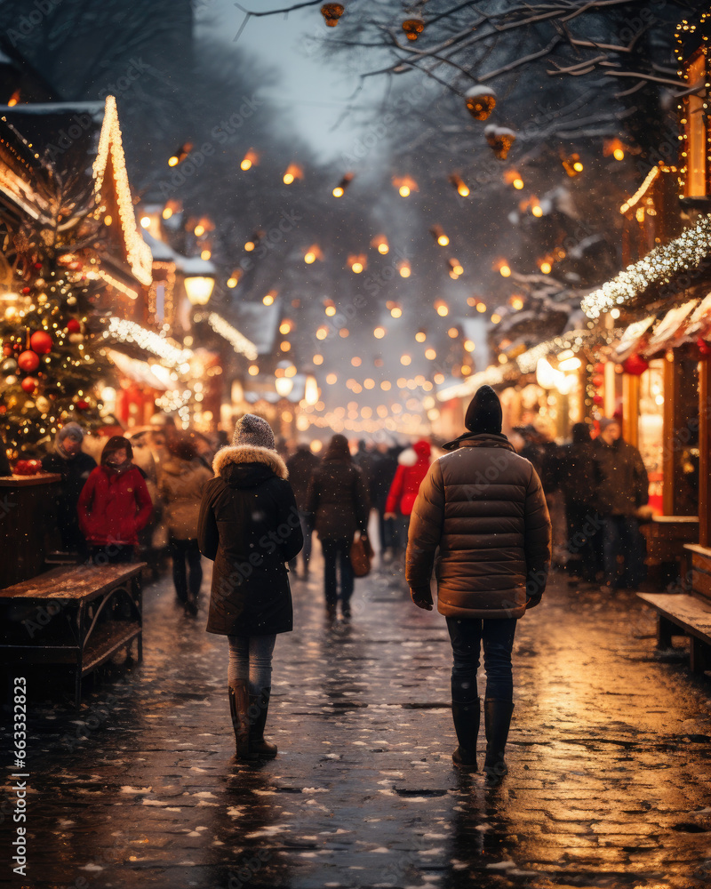 A Sparkling Scene of a Christmas Market in the Evening, Aspect Ratio 4:5