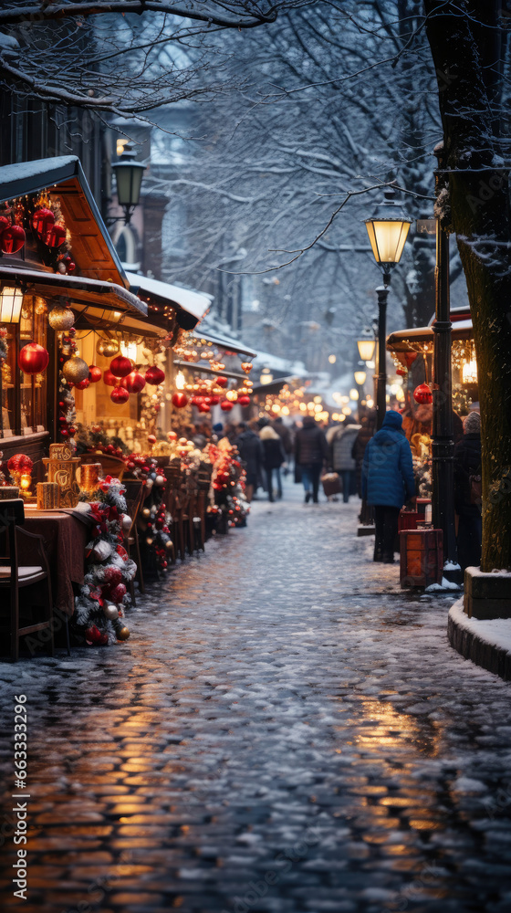 A Sparkling Scene of a Christmas Market in the Evening, Aspect Ratio 9:16