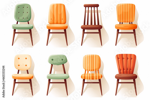 Set of different wooden chair isolated on white background. Vector illustration.