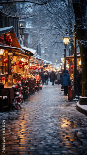 A Sparkling Scene of a Christmas Market in the Evening, Aspect Ratio 9:16