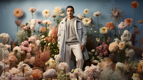 Hombre latino vistiendo moda primaveral rodeado de flores con un abrigo gris colores pastel © ClicksdeMexico