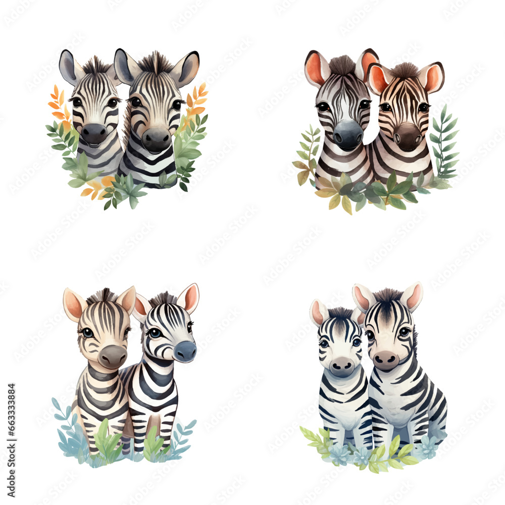 set of cute zebras watercolor illustrations for printing on baby clothes, sticker, postcards, baby showers, games and books, safari jungle animals vector