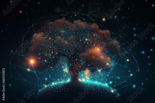 Digital neural network with interconnected mind bubbles forming a magical tree on a technology-themed background. Generative AI © Esme