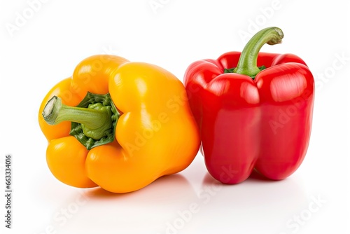 Two bell peppers, a red and a yellow isolated on white background.