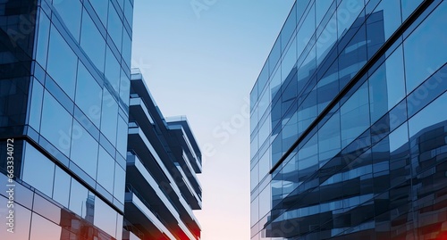Two modern buildings with glass windows. Architecture design of buildings. © Md
