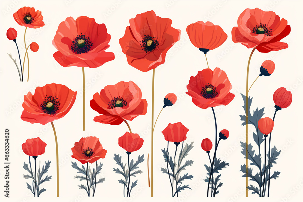Seamless pattern with red poppies, vector illustration.