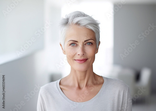 Middle age short blonde hair natural beauty mature woman.Love your age concept.Macro.AI Generative.