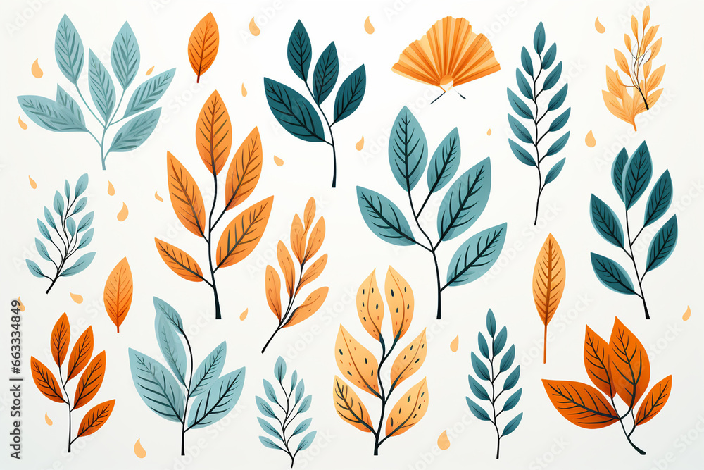 Set of hand drawn autumn leaves. Vector illustration in flat style. - obrazy, fototapety, plakaty 
