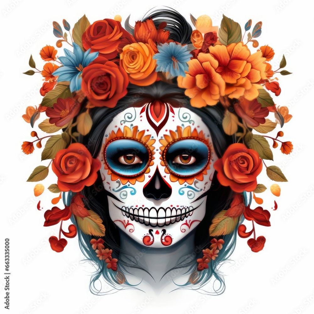 Woman sugar skull with beautiful colored flowers on white background.