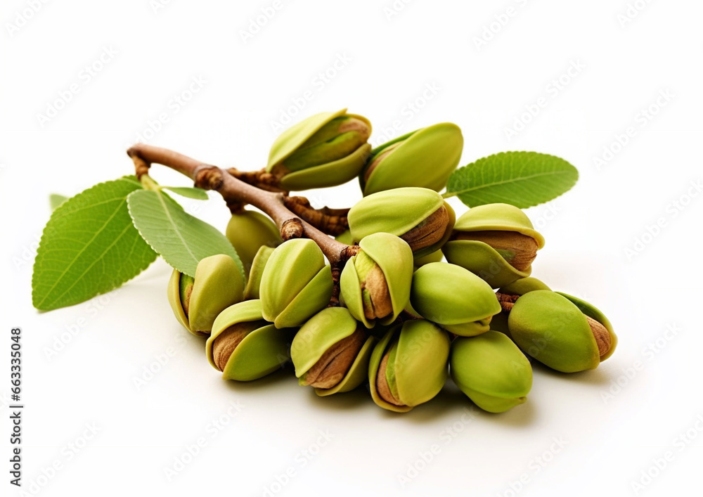 Pistachio organic nuts snack with green leaves on white background.Macro.AI Generative. Pistachio organic nuts snack with green leaves on white background.Macro.AI Generative.