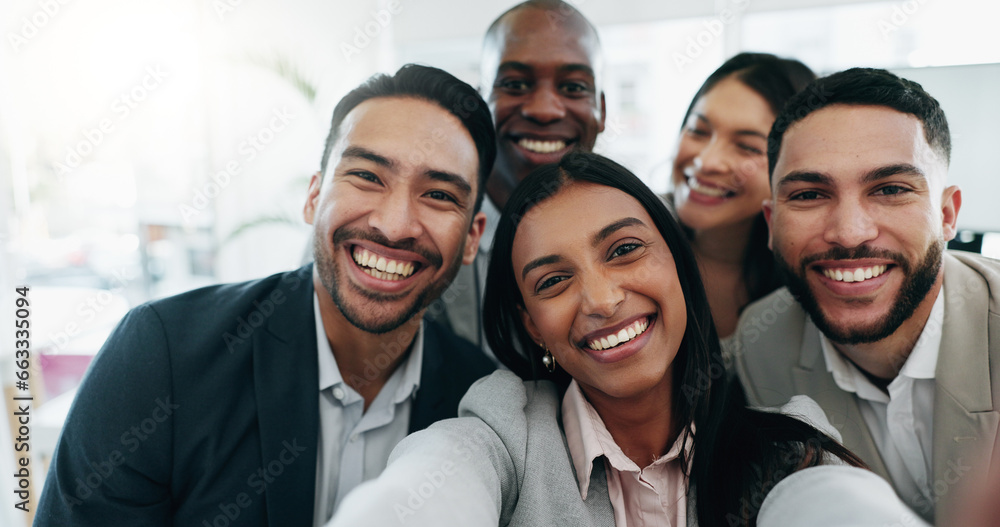 Obraz premium Selfie, happy and face of business people in the office for team building, fun or bonding. Smile, diversity and portrait of group of lawyers taking a picture together by a meeting in modern workplace
