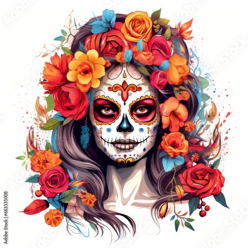 Woman sugar skull with beautiful colored flowers on white background. © Md