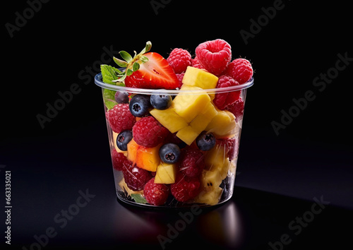 Ripe fresh berries with mango and melon in plastic cup on dark background.Macro.AI Generative.