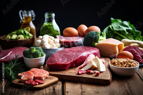 Various Paleo diet products on wooden table photo