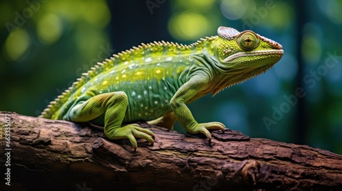 Chameleon reptile perches on a branch. © Md