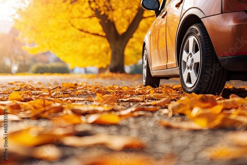 Car on asphalt road on an autumn day at the park. © Md
