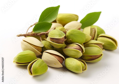 Wallpaper Mural Pistachio nut seed with green leaves and tree branch.Macro.AI Generative. Torontodigital.ca