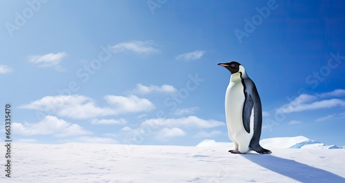 Penguin standing in Antarctica looking into the blue sky.