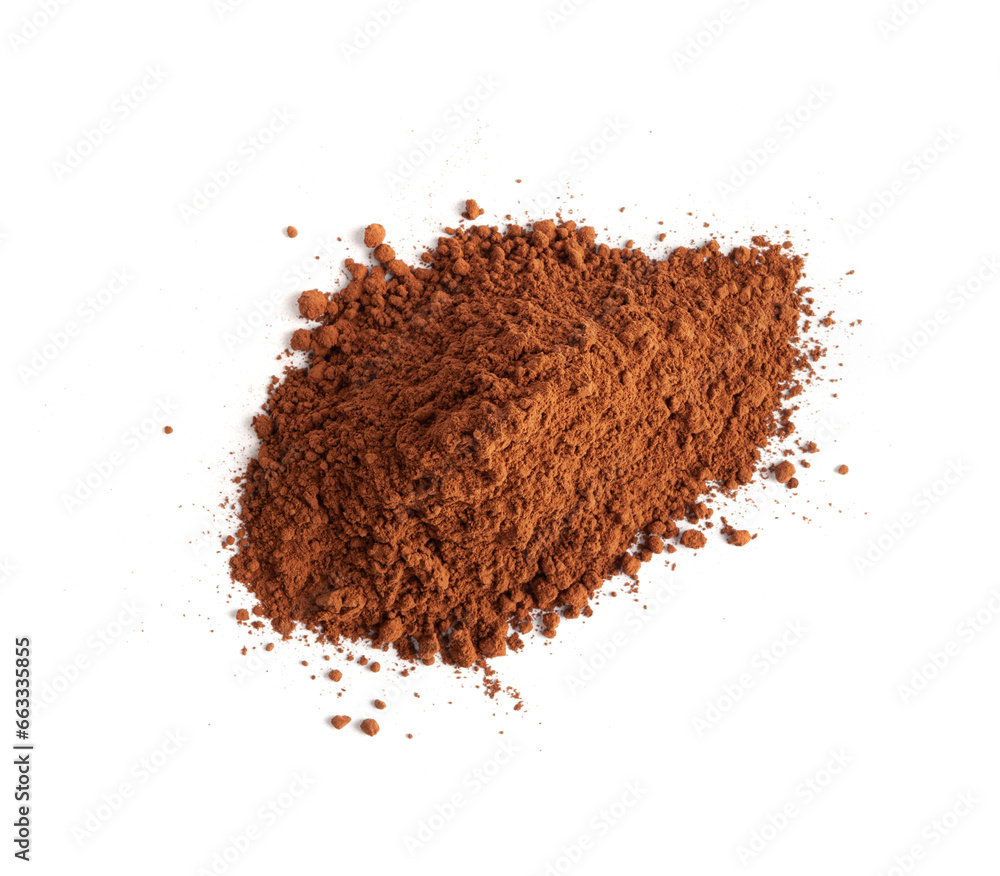 Cocoa Powder Isolated, Cacao Dust Pile, Dry Ground Cocoa Beans, Cocao Powder Pile for Homemade Chocolate on White Background Cocoa Powder Isolated, Cacao Dust Pile, Dry Ground Cocoa Beans, Cocao Powder Pile for Homemade Chocolate on White Background