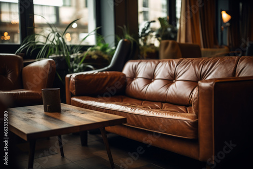 Retro brown leather couch, lounge sitting room