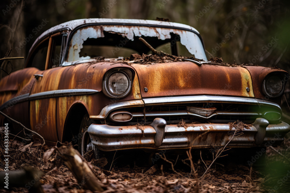 Old rusted out car abandoned and left to rot