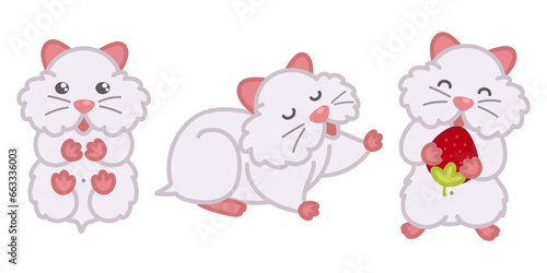 White hamsters in different poses set. Cute cartoon doodle illustrations. Happy pets.