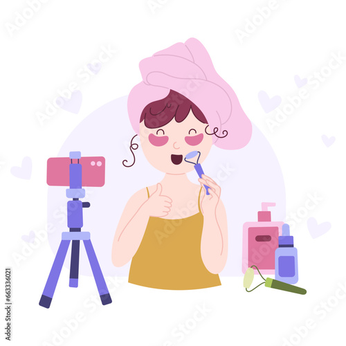 Beauty blogging concept. Recording makeup tutorial video and cosmetics review. Vector cartoon flat illustration.