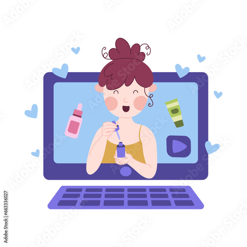 Beauty blogging concept. Makeup tutorial video and cosmetics review. Vector cartoon flat illustration.