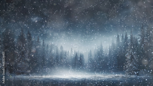 landscape night snowfall in a winter forest, panorama of a blurred background night in a blue coniferous forest swept by snow photo