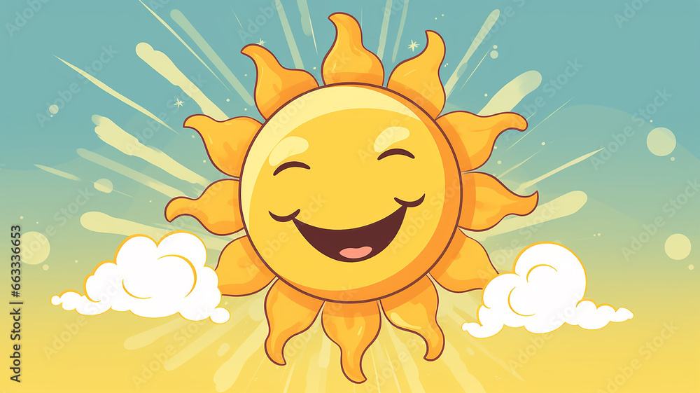 cartoon funny emotional smiling sun in the sky, illustration for children