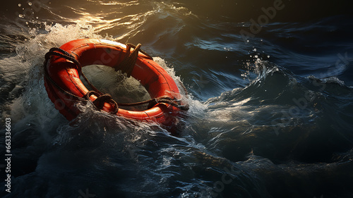 a lifebuoy floats on the surface of a stormy sea, the concept is the last hope for saving a life
