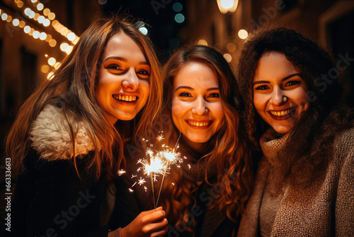 A group of friends celebrating a night out with sparklers. New years eve celebration photo
