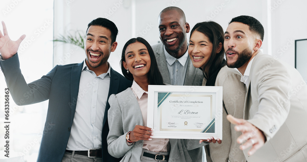 Business people, woman and certificate in office, presentation or teamwork for performance, goal or success. African CEO, happy employee group and diploma for achievement, thanks or award at workshop - obrazy, fototapety, plakaty 